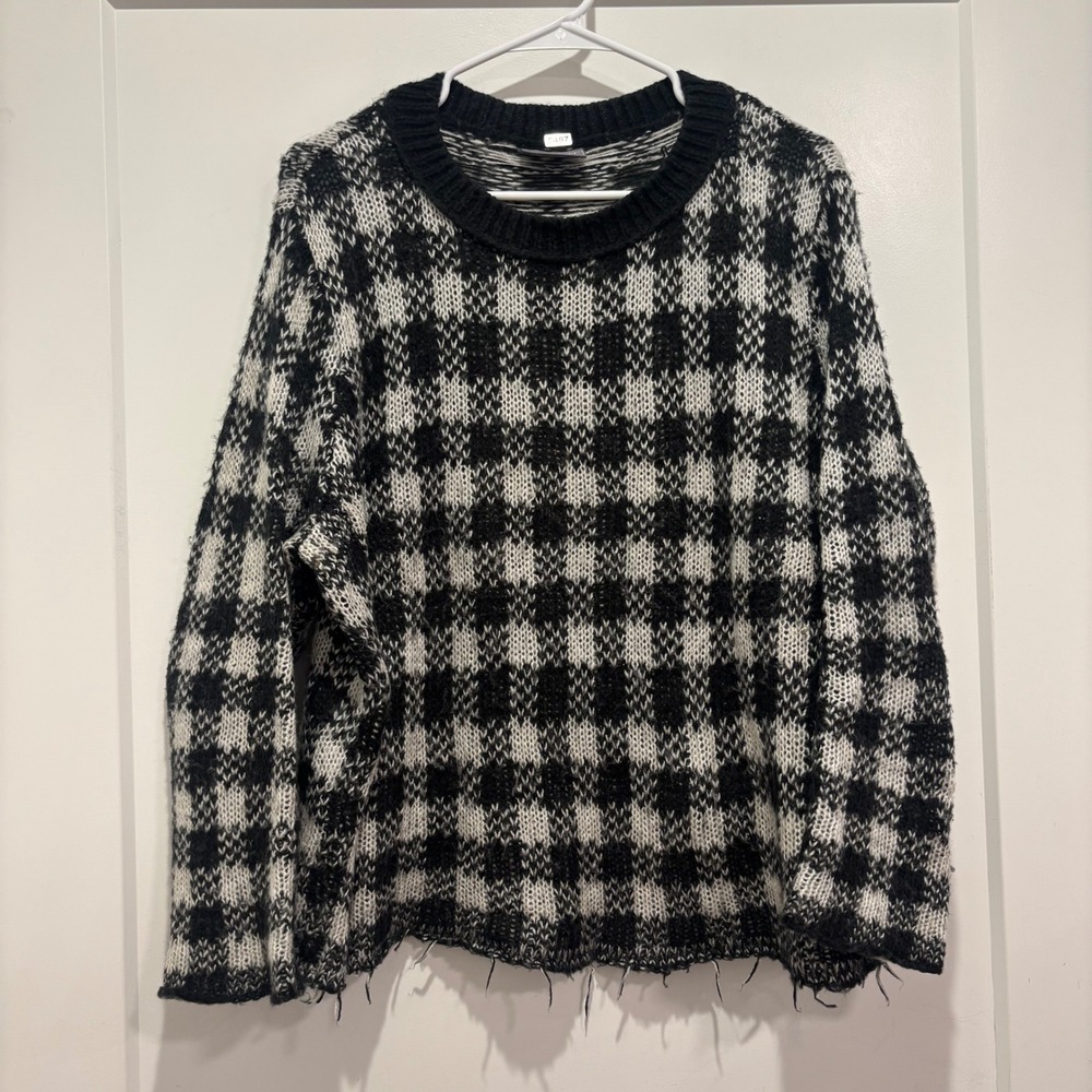 Wooden Ships Paola Buendia Plaid Mohair Wool Distressed Sweater Black White